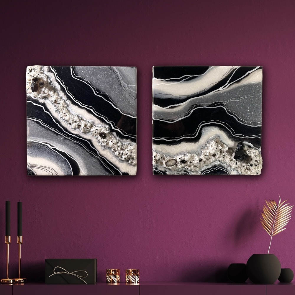 “Sentinels” - Two Piece Wall Art- Genuine Tourmaline & Smokey Quartz w/ Agate